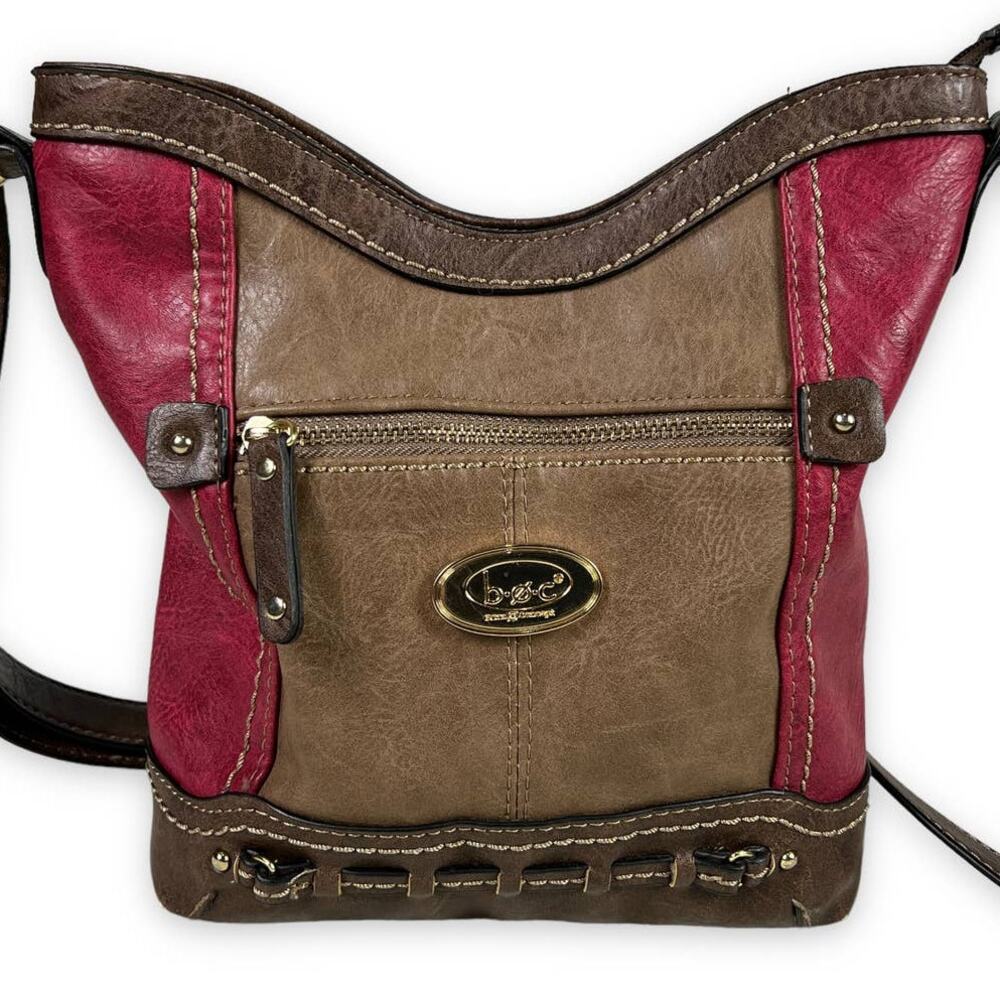 B.O.C. Cross Body Shoulder Bucket Bag Tote Purse Phone Charger Holder Red Brown